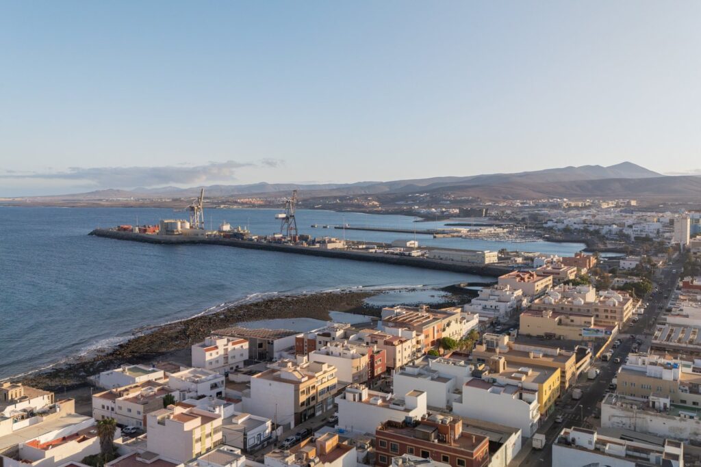 The compact centre of Puerto del Rosario, where colourful murals brighten many whitewashed facades