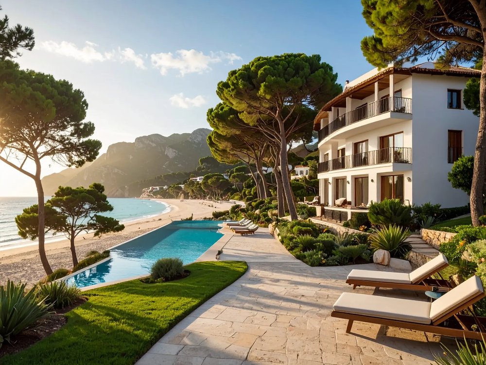 A beachfront hotel pool on the Bay of Alcúdia. AI-generated image.