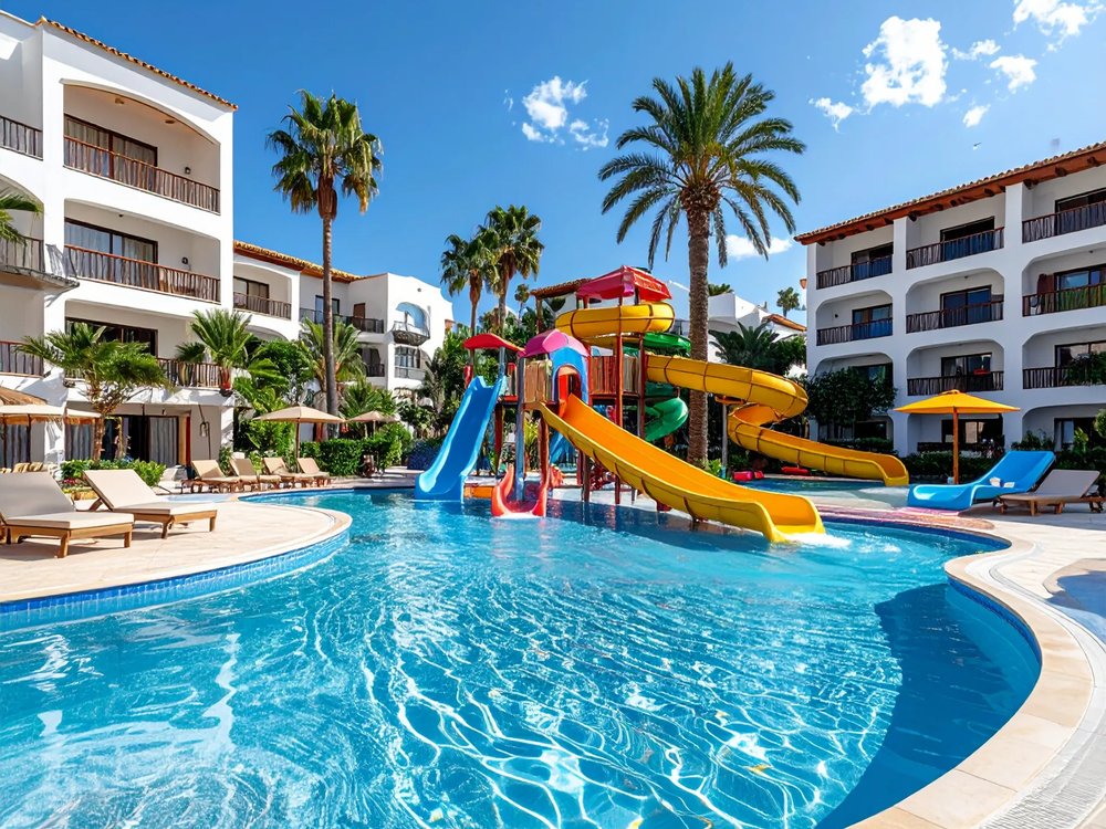 A splash park with water slides at a family resort in Alcúdia. AI-generated image.