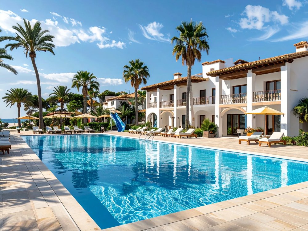 A family resort pool near the beach of Cala Mesquida. AI-generated image.