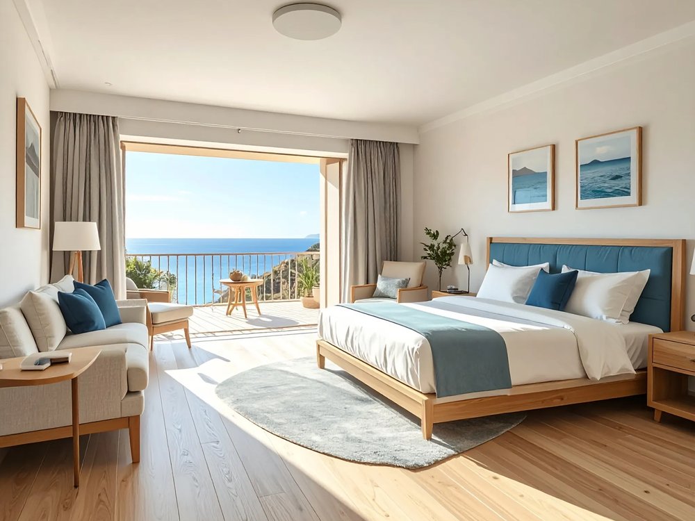 A family room with a sea view in Cala Millor. AI-generated image.