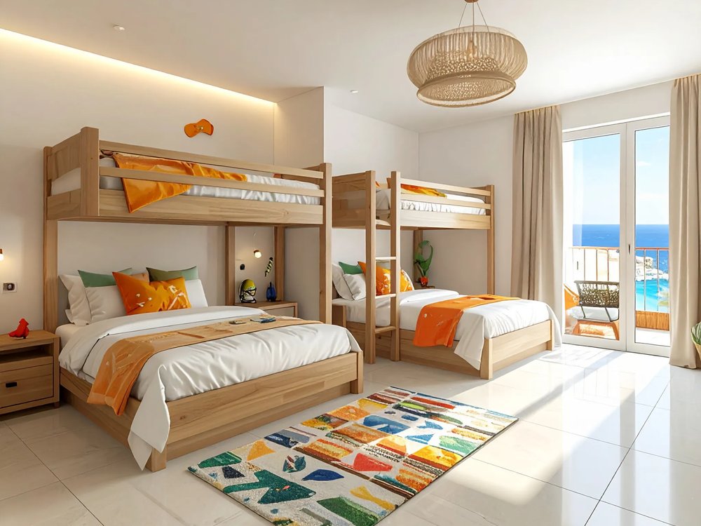 A themed kids' room with bunk beds in a Magaluf family hotel. AI-generated image.
