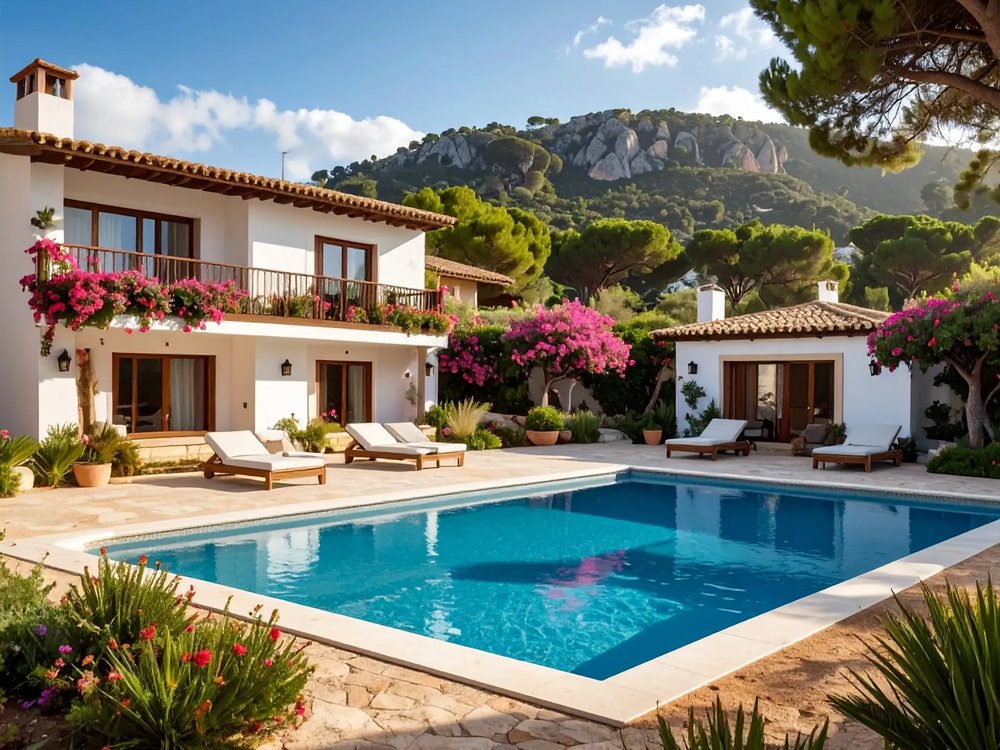 Whitewashed bungalows around a family pool in the north of Mallorca. AI-generated image.