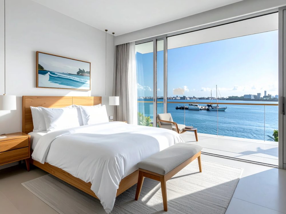 A simple room with a harbour-view balcony in Puerto del Rosario. AI-generated image.