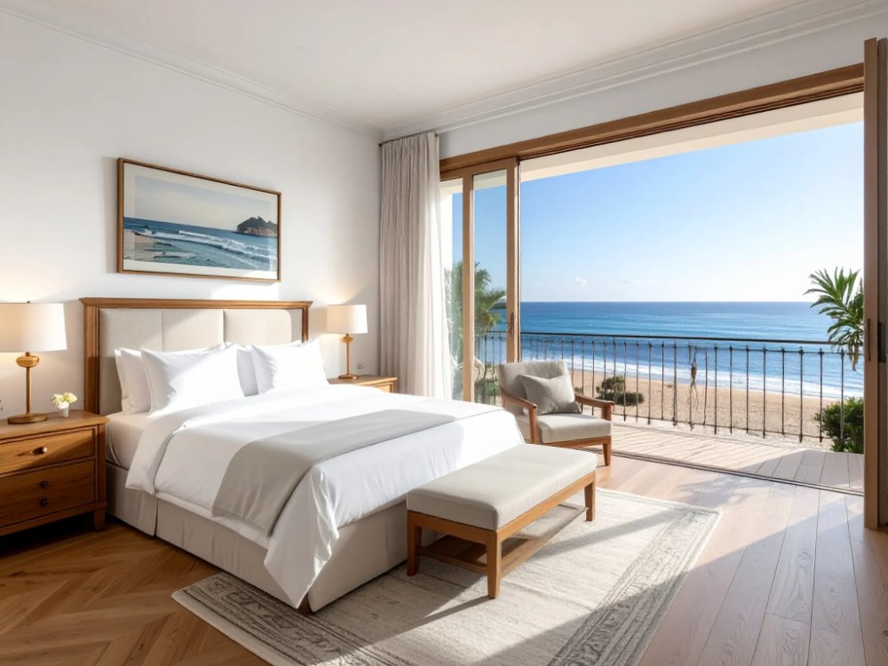 A calm sea-view room in a former parador near Puerto del Rosario. AI-generated image.