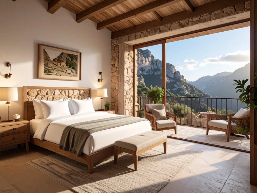 A cosy boutique room with a balcony in Valldemossa. AI-generated image.