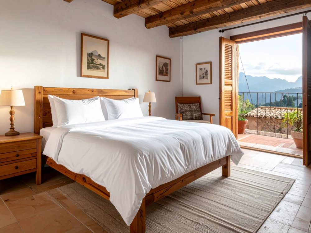 A simple traditional room with a mountain view in Valldemossa. AI-generated image.