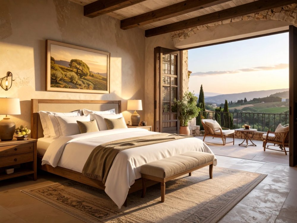 A boutique room on an old olive estate facing Valldemossa. AI-generated image.
