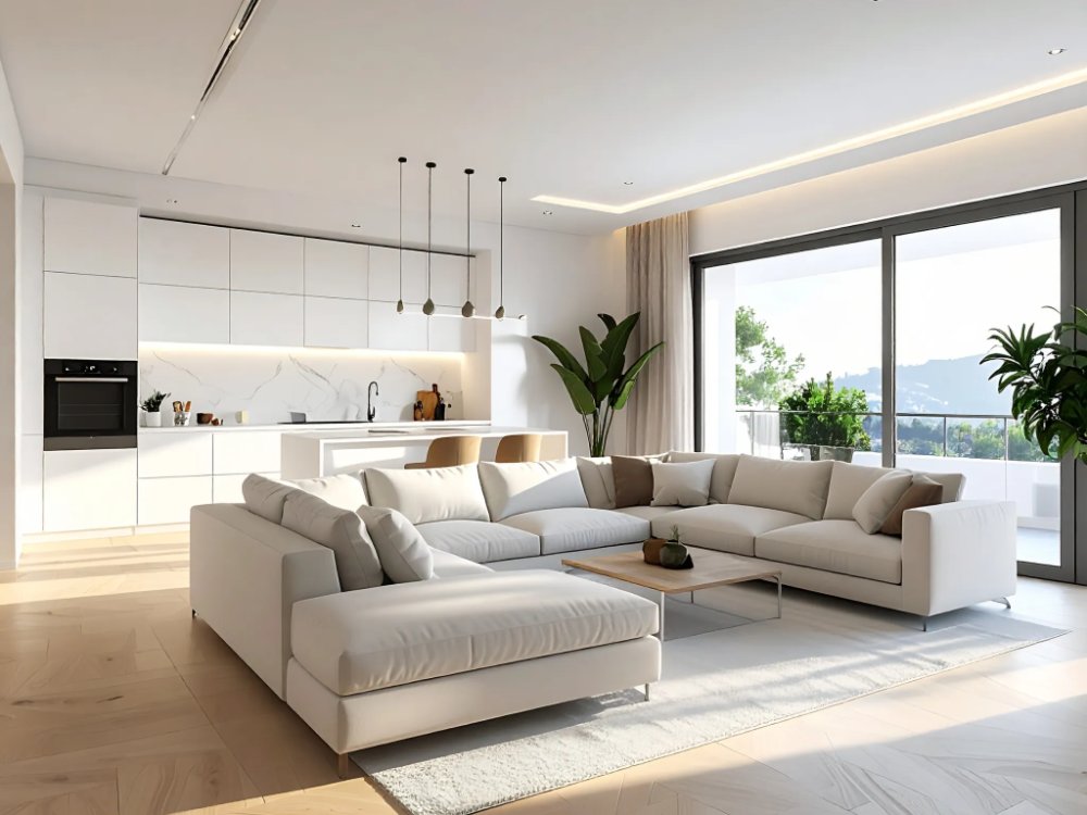 A spacious aparthotel apartment with a kitchen in Villajoyosa. AI-generated image.