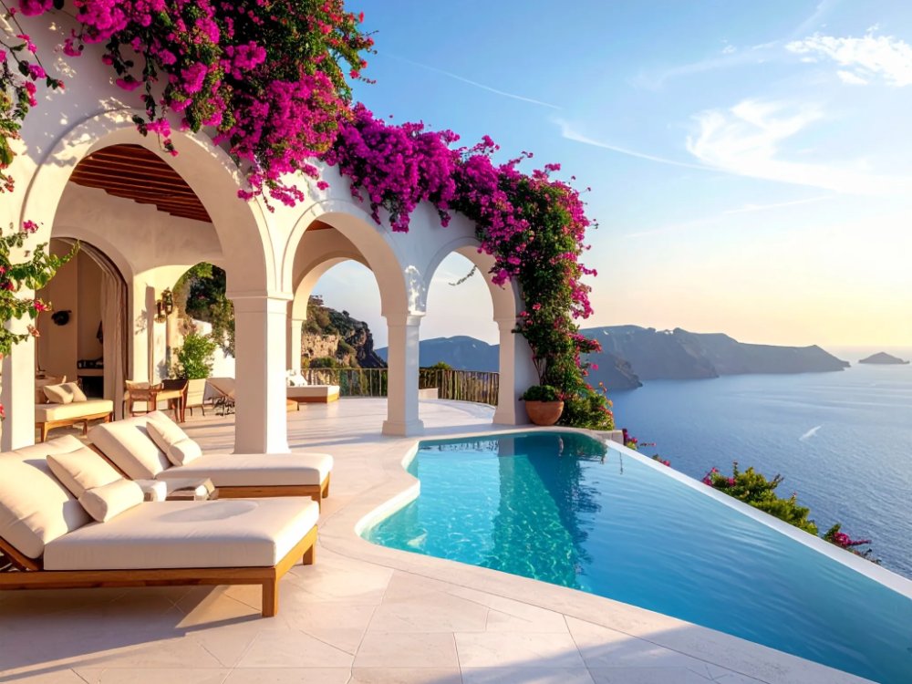 A Moorish-style clifftop terrace with a pool above the sea. AI-generated image.
